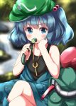 1girl bare_arms blue_eyes blue_hair commentary_request flat_chest hair_bobbles hair_ornament hat highres kawashiro_nitori mouth_hold ruu_(tksymkw) solo touhou two_side_up 