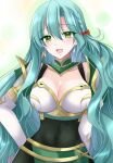  1girl :d aqua_hair blush bow breasts chloe_(fire_emblem) cleavage commentary earrings elbow_gloves fire_emblem fire_emblem_engage gloves green_eyes hair_between_eyes hair_bow highres jewelry kirishima_riona large_breasts long_hair looking_at_viewer open_mouth red_bow smile solo upper_body very_long_hair white_gloves 