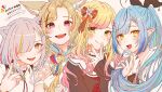  4girls akubi_darake bangs black_nails blonde_hair blue_hair blush brown_eyes collared_shirt elf eyebrows_visible_through_hair fangs green_eyes grey_hair hair_over_one_eye highres hololive looking_at_viewer momosuzu_nene multicolored_hair multiple_girls nepolabo omaru_polka one_eye_covered open_mouth pointy_ears ponytail purple_eyes purple_hair sailor_collar shirt shishiro_botan smile streaked_hair v virtual_youtuber white_shirt yukihana_lamy 