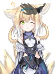  1girl ;o ? animal_ear_fluff animal_ears arknights bangs bare_shoulders black_gloves blonde_hair blue_hairband blush braid breasts cloak commentary_request covered_collarbone disembodied_limb eyebrows_visible_through_hair fox_ears fox_girl fox_tail gloves hair_between_eyes hair_rings hairband headpat highres kitsune langley1000 long_hair looking_at_viewer one_eye_closed parted_lips purple_shirt purple_skirt shirt simple_background skirt sleeveless sleeveless_shirt small_breasts solo_focus suzuran_(arknights) tail twin_braids white_background white_cloak white_shirt 