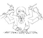  1girl bang_dream! bang_dream!_it&#039;s_mygo!!!!! chihaya_anon commentary_request drumsticks extra_arms fang greyscale guitar holding holding_drumsticks instrument keyboard_(instrument) long_hair long_sleeves lowres monochrome necktie nininikal open_mouth simple_background sketch solo white_background 