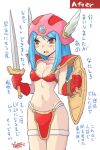  1girl armor bikini_armor blue_eyes breasts class_change cleavage cosplay costume_switch dragon_quest dragon_quest_iii elbow_gloves gloves helmet long_hair navel oyster_(artist) priest_(dq3) red_armor shield simple_background soldier_(dq3) solo sword weapon white_background winged_helmet 