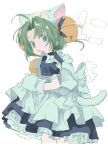  1girl :d ahoge animal_ears animal_hat apron artist_name back_bow bell blue_dress blue_ribbon bow cat_ears cat_girl cat_hat cat_tail commentary_request cropped_legs dejiko di_gi_charat dress frilled_apron frilled_sleeves frills from_behind gloves green_eyes green_hair hair_bell hair_ornament hair_ribbon hano_luno hat highres jingle_bell looking_back maid maid_apron neck_bell open_mouth parted_bangs petticoat puffy_short_sleeves puffy_sleeves raised_eyebrows ribbon short_hair short_sleeves simple_background skirt_hold smile solo tail translation_request white_apron white_background white_bow white_gloves white_hat white_tail 