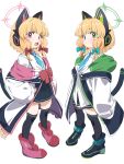  2girls animal_ear_headphones animal_ears black_skirt black_tail black_thighhighs blonde_hair blue_archive blue_necktie blush_stickers bow cat_ear_headphones closed_mouth fake_animal_ears green_eyes green_halo hair_bow halo hands_on_own_hips headphones highres jacket midori_(blue_archive) momoi_(blue_archive) multiple_girls necktie ocha_(popopogg) open_mouth pink_eyes pink_halo red_bow shirt siblings simple_background sisters skirt smile standing thighhighs white_background white_jacket white_shirt 