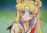  1girl bishoujo_senshi_sailor_moon blonde_hair blue_eyes blue_sailor_collar choker circlet commentary derivative_work earrings heart heart_choker highres insect_candy jewelry looking_up meme on_ground sailor_collar sailor_moon sailor_moon_redraw_challenge_(meme) sailor_senshi_uniform screenshot_redraw solo tsukino_usagi twintails upper_body 