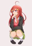  1girl :o absurdres ahoge black_footwear black_jacket blue_eyes blush clenched_hand collared_shirt commentary_request eyebrows_hidden_by_hair full_body go-toubun_no_hanayome green_skirt grey_background hair_between_eyes hair_ornament hand_up highres jacket kneehighs loafers long_hair looking_to_the_side miniskirt nakano_itsuki nishizuki_shino open_clothes open_jacket open_mouth panties panty_peek pleated_skirt red_hair red_sweater_vest school_uniform shirt shoes sidelocks simple_background skirt socks solo squatting star_(symbol) star_hair_ornament sweater_vest underwear white_panties white_shirt white_socks 
