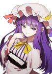  1girl ascot blunt_bangs book hat highres long_hair looking_at_viewer mob_cap patchouli_knowledge purple_eyes purple_hair simple_background smile solo touhou upper_body wanko_sora white_background wide_sleeves yellow_ascot 
