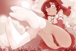  1girl anus ascot ass bare_shoulders blush bow commentary_request detached_sleeves embarrassed f_tabiaki feet flying frilled_bow frills full_body gohei hair_bow hakurei_reimu highres japanese_clothes miko monochrome no_panties outdoors sky soles solo tabi touhou 