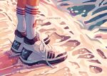  1boy beach child commentary english_text evening highres lower_body lunchbox_(illillilliiliil) male_focus original outdoors shoes shore socks solo standing symbol-only_commentary water white_footwear white_socks 