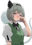  1girl absurdres allergy black_hairband blue_eyes blush commentary_request ghost green_vest grey_hair hair_ribbon hairband harumomiji highres hitodama hitodama_print konpaku_youmu konpaku_youmu_(ghost) looking_at_viewer nose_blush puffy_short_sleeves puffy_sleeves ribbon shirt short_hair short_sleeves signature solo tears touhou upper_body vest white_hair 