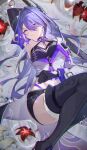  1girl absurdres acheron_(honkai:_star_rail) arm_up armpits bandaged_leg bandages black_choker black_gloves black_shorts boots breasts choker cleavage coat coattails detached_sleeves flower gloves hair_over_one_eye highres holding holding_sword holding_weapon honkai:_star_rail honkai_(series) knees_up long_hair midriff multicolored_hair navel partially_submerged purple_eyes purple_hair red_flower scabbard sheath sheathed short_shorts shorts single_bare_shoulder sirom solo stomach streaked_hair sword thigh_boots twitter_username water water_drop weapon white_coat 