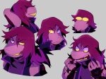  1girl bracelet colored_sclera colored_skin commentary deltarune freckles furry jewelry multiple_views purple_skin sharp_teeth smile spiked_bracelet spikes susie_(deltarune) teeth yellow_teeth yojio_(2188) 