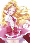  1girl artist_name blonde_hair bow bowtie closed_eyes commentary cure_flora dated dress earrings facing_viewer gloves go!_princess_precure gradient_hair hand_in_own_hair haruno_haruka highres jewelry long_hair magical_girl multicolored_hair okayashi open_mouth pink_dress pink_hair precure puffy_short_sleeves puffy_sleeves red_bow red_bowtie short_dress short_sleeves signature simple_background smile solo standing streaked_hair textless_version tiara two-tone_hair white_background white_gloves wide_ponytail 