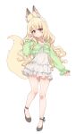  1girl :o absurdres animal_ear_fluff animal_ears aningay blonde_hair blush copyright_request dress fox_ears fox_girl fox_tail full_body green_jacket grey_footwear hand_up highres jacket layered_dress long_hair long_sleeves looking_at_viewer parted_lips pleated_dress puffy_long_sleeves puffy_sleeves red_eyes shoes simple_background sleeves_past_wrists solo standing standing_on_one_leg tail very_long_hair wavy_hair white_background white_dress 