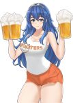  1girl alcohol alternate_costume bare_arms beer beer_mug blue_eyes blue_hair breasts cleavage commentary cup desspie fire_emblem fire_emblem_awakening highres hooters long_hair looking_at_viewer lucina_(fire_emblem) medium_breasts mug no_legwear shorts smile solo symbol-shaped_pupils tiara waitress 