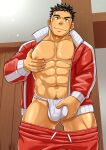  1boy abs ass_visible_through_thighs bara bare_pectorals blush bulge clothes_pull come_hither crotch_grab dark-skinned_male dark_skin ei_(marutendon) feet_out_of_frame fundoshi grabbing highres jacket japanese_clothes large_pectorals looking_at_viewer male_focus male_pubic_hair muscular muscular_male navel navel_hair nipples no_shirt open_clothes open_jacket original pants pants_pull pectoral_grab pectorals presenting pubic_hair pubic_hair_peek red_jacket red_pants seductive_smile self_fondle shiny shiny_skin short_hair smile stomach thick_thighs thighs track_jacket track_pants 