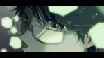  1boy chibi_ake close-up copyright_name eye_focus from_side glasses green_eyes green_theme grey-framed_eyewear grey_background highres letterboxed light_particles looking_at_viewer male_focus mikumo_osamu portrait signature solo world_trigger 