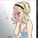  1girl blonde_hair breasts camisole clip_studio_paint_(medium) crying eisu_(eith) face_in_hands forehead gradient_background hairband hand_on_own_face harsha_(eisu) highres image_editing_program long_hair original purple_eyes simple_background small_breasts tears thick_eyebrows twintails twitter_username white_background 