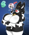 absurd_res animal_print anthro bat big_breasts blush bodily_fluids breasts clothed clothing clown cow_print dairy_products digital_media_(artwork) expansion female flustered food fur furr3ak hair hi_res humor mammal mime nipples simple_background smile solo tail text underwear wide_hips