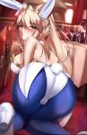  1girl absurdres animal_ears artoria_pendragon_(fate) artoria_pendragon_(swimsuit_ruler)_(fate) ass bent_over blonde_hair blue_legwear blush breasts crown fate/grand_order fate_(series) green_eyes high_heels highres kyle_(kysizzle) large_breasts leaning_forward leotard looking_at_viewer looking_back pantyhose playboy_bunny rabbit_ears rabbit_tail tail turning_head 