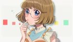  1girl absurdres blue_eyes bob_cut brown_hair closed_mouth commentary dress finger_to_mouth frown glasses highres huwarinn99 ichinose_minori looking_at_viewer precure rimless_eyewear round_eyewear short_hair sleeveless sleeveless_dress solo tropical-rouge!_precure 