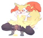 anthro bittersyrup black_body black_fur blush bodily_fluids braixen breasts butt female fur generation_6_pokemon genital_fluids genitals inner_ear_fluff nintendo nipples nude open_mouth peeing pink_nipples pokemon pokemon_(species) pussy red_body red_eyes red_fur simple_background small_breasts smile solo spread_legs spreading tongue tongue_out tuft urine watersports white_background white_body white_fur