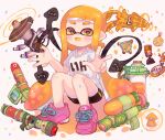  1girl :d black_shorts blush bubbler_(splatoon) burst_bomb_(splatoon) colored_tongue echolocator_(splatoon) highres hsk8tori ink_tank_(splatoon) inkling inkling_girl inkling_player_character inkstrike_(splatoon) inkzooka_(splatoon) killer_wail_(splatoon) kraken_(splatoon) long_hair looking_at_viewer open_mouth orange_eyes orange_hair pink_footwear pointy_ears seeker_(splatoon) shirt shoelaces shoes short_sleeves shorts single_vertical_stripe sitting smile sneakers solo splat_bomb_(splatoon) splatoon_(series) splatoon_1 splattershot_(splatoon) squid suction_bomb_(splatoon) super_soaker t-shirt tentacle_hair very_long_hair white_background white_shirt yellow_tongue 