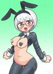  1girl animal_ears areola_slip borrowed_character breasts collar dark_skin eisu-chan_(eisu) glasses green_background highres kemuribata medium_breasts meme_attire navel necktie original pasties rabbit_ears reverse_bunnysuit reverse_outfit screentones short_hair swept_bangs white_hair wrist_cuffs 