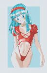  1girl artroom113 bikini blue_eyes blue_hair bra_(dragon_ball) breasts choker closed_mouth collarbone dragon_ball dragon_ball_gt earrings groin hairband highres jewelry long_hair looking_at_viewer navel smile solo swimsuit thong_bikini 