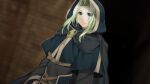  1boy atelier-moo belt blue_eyes blurry blurry_background cloak closed_mouth cowboy_shot curtained_hair dungeon green_hair highres hood hood_up hooded_jacket jacket long_sleeves looking_at_viewer merak_yildis solo standing v-shaped_eyebrows wizards_symphony 