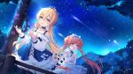  2girls bad_link blonde_hair blue_eyes bow character_request collarbone dress fang girl_cafe_gun green_eyes hair_between_eyes hair_bow highres long_hair multiple_girls night own_hands_clasped own_hands_together pink_hair plant sky star_(sky) starry_sky tree twintails younger 