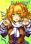  1girl arm_warmers bangs blonde_hair blush breasts brown_shirt commentary_request english_text green_background green_eyes looking_at_viewer medium_breasts medium_hair melon22 mizuhashi_parsee open_mouth pointy_ears sash scarf shirt short_sleeves solo touhou upper_body white_sash white_scarf 