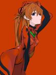  1girl arm_up blue_eyes brown_hair closed_mouth commentary daydremec gloves hand_on_own_head highres long_hair looking_at_viewer neon_genesis_evangelion plugsuit red_background red_gloves simple_background solo souryuu_asuka_langley turtleneck twintails 