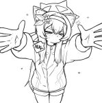  &gt;_&lt; 6_il_il animal_ears artist_request blue_archive blush cat_ears cowboy_shot embarrassed english_text flower hair_flower hair_ornament halo hug long_hair mari_(blue_archive) mari_(track)_(blue_archive) monochrome no_mouth outstretched_arms shaking shorts simple_background spread_arms sweatdrop track_suit white_background zipper 