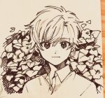  1boy buttons character_request closed_mouth collared_shirt copyright_request cropped_torso floral_background greyscale hair_between_eyes leaf light_frown looking_at_viewer male_focus monochrome no+bi= parted_bangs petals photo_(medium) shirt short_hair solo traditional_media 
