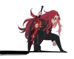  0o0onnk 1girl black_bodysuit bodysuit cigarette cropped_jacket gebura_(project_moon) highres holding holding_sword holding_weapon jacket lobotomy_corporation long_hair long_sleeves looking_to_the_side on_one_knee project_moon red_hair red_jacket simple_background solo sword very_long_hair weapon white_background 