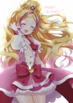  1girl artist_name backlighting birthday blonde_hair bow bowtie closed_eyes commentary cure_flora dated dress earrings facing_viewer gloves go!_princess_precure gradient_hair hand_in_own_hair happy_birthday haruno_haruka highres jewelry long_hair magical_girl multicolored_hair okayashi open_mouth pink_dress pink_hair precure puffy_short_sleeves puffy_sleeves red_bow red_bowtie short_dress short_sleeves signature simple_background smile solo standing streaked_hair tiara two-tone_hair white_background white_gloves wide_ponytail 