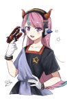  1girl :d aimai_(aimailskl) apex_legends b3_wingman black_dress blue_dress blue_hair collarbone crazy_raccoon dress eyebrows_visible_through_hair fake_horns gloves gun hand_on_hip highres holding holding_gun holding_weapon horns looking_at_viewer multicolored_hair open_mouth pink_hair purple_eyes revolver selly55 smile solo star_(symbol) streaked_hair two-tone_dress weapon white_gloves 