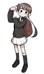  1girl :&lt; backpack bag bandaid bandaid_on_knee bandaid_on_leg black_eyes black_footwear black_shirt black_socks brown_hair clenched_hand flexing full_body hand_up highres kneehighs loafers long_hair long_sleeves looking_at_viewer low_twintails original sailor_collar shirt shoes simple_background skirt socks solo takurada twintails v-shaped_eyebrows white_background white_sailor_collar white_skirt wide-eyed 