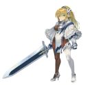  blonde_hair blue_eyes breasts capelet elf frills hair_ornament high_heels holding holding_sword holding_weapon medium_breasts pantyhose pointy_ears ponytail puribate_(helgoland) sword weapon white_capelet wizardry 