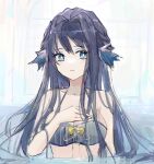  1girl arknights astesia_(arknights) bangs bare_shoulders bikini blue_bikini blue_eyes blue_hair breasts cleavage collarbone commentary hand_on_own_chest highres large_breasts long_hair looking_at_viewer parted_lips partially_submerged qianzhu solo swimsuit upper_body water 