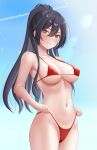  1girl absurdres armpits bare_shoulders bikini bikini_pull black_hair blue_sky blush breasts ca_paria cleavage clothes_pull commentary_request cowboy_shot day hair_between_eyes highleg highleg_bikini highres idolmaster idolmaster_shiny_colors large_breasts long_hair looking_at_viewer micro_bikini navel ponytail pulled_by_self shirase_sakuya sky smile solo stomach sunlight swimsuit yellow_eyes 