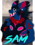 anthro black_body black_fur black_hair black_sclera blue_body blue_eyes blue_fur blue_markings blue_tongue cheek_tuft dipstick_ears facial_tuft fangs front_view fur hair looking_at_viewer male markings multicolored_ears multicolored_tongue open_mouth photo_background photography_(artwork) pink_eyes pink_markings pink_tongue princelykaden red_markings solo teeth tongue tongue_out tuft two_tone_tongue