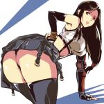  1girl armpits ass belt black_hair black_panties black_skirt black_thighhighs breasts brown_eyes commentary_request crop_top final_fantasy final_fantasy_vii final_fantasy_vii_remake gloves kamisimo_90 large_breasts leaning_forward long_hair looking_at_viewer low-tied_long_hair navel open_mouth panties simple_background skirt smile standing suspender_skirt suspenders tank_top thighhighs tifa_lockhart underwear very_long_hair white_tank_top 