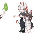  3girls ahoge amiya_(arknights) animal_ear_fluff animal_ears antennae arknights barefoot black_footwear black_pants blue_eyes boots bright_pupils brown_hair chinese_text closed_mouth commentary demon_tail grey_hair grey_shirt hand_on_another&#039;s_arm highres horns kal&#039;tsit_(arknights) long_hair molu_stranger multiple_girls off_shoulder oversized_clothes pants rabbit_ears red_eyes scar scar_on_arm shirt short_hair short_sleeves simple_background speech_bubble tail translation_request w_(arknights) white_background white_pupils white_shirt 
