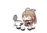  1girl ahoge bangs bowl brown_eyes brown_hair chibi commentary english_commentary feather_hair_ornament feathers hair_ornament highres hololive hololive_english long_hair multicolored_hair namii_(namialus_m) nanashi_mumei ponytail rice rice_bowl rice_cooker sad tears virtual_youtuber 