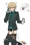  1boy 1girl aqua_shirt aventurine_(honkai:_star_rail) black_necktie black_panties blonde_hair cellphone collared_shirt earrings glasses hair_between_eyes highres holding holding_phone honkai:_star_rail honkai_(series) jewelry long_sleeves male_focus necktie numby_(honkai:_star_rail) open_mouth panties phone shirt short_hair smartphone solo_focus suit taosheng thighhighs tinted_eyewear topaz_(honkai:_star_rail) trotter_(honkai:_star_rail) underwear white_background 