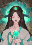  1girl alternate_hairstyle black_hair bracelet chinese_clothes closed_eyes collarbone earrings facial_mark forehead_mark green_nails grey_robe highres jewelry long_hair orb robe sage_(valorant) smile solo straight-on valorant wan_wan 