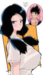  1boy 1girl black_hair blue_eyes blush breasts closed_mouth dragon_ball dragon_ball_z highres kinakomochi_(user_vedc2333) large_breasts long_hair looking_at_viewer shirt smile son_gohan twintails videl white_shirt 