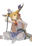  1girl ahoge arm_up blue_skirt blush bottle chain full_body hair_between_eyes hand_on_own_hip highres holding holding_bottle horns ibuki_suika indian_style jill_07km long_hair low-tied_long_hair neck_ribbon no_shoes one_eye_closed open_mouth orange_hair red_eyes red_ribbon ribbon ribbon-trimmed_skirt ribbon_trim shirt simple_background sitting skirt sleeveless sleeveless_shirt solo straight_hair torn_clothes torn_sleeves touhou very_long_hair water_drop white_background white_shirt 